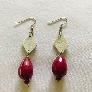 Red bean and white leather Handmade earrings